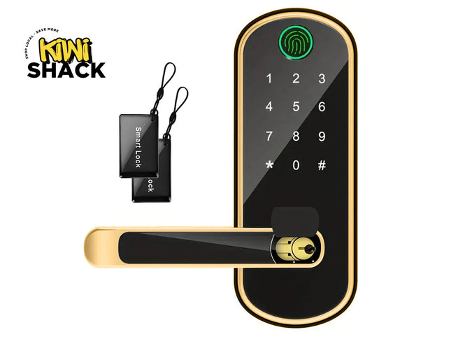 Gold and black smart biometric door lock with a glowing green fingerprint scanner circle at top, illuminated touch keypad, horizontal lever handle featuring a slide-open manual keyhole, two black RFID key fob tags on lanyards, and Kiwi Shack logo in top left.