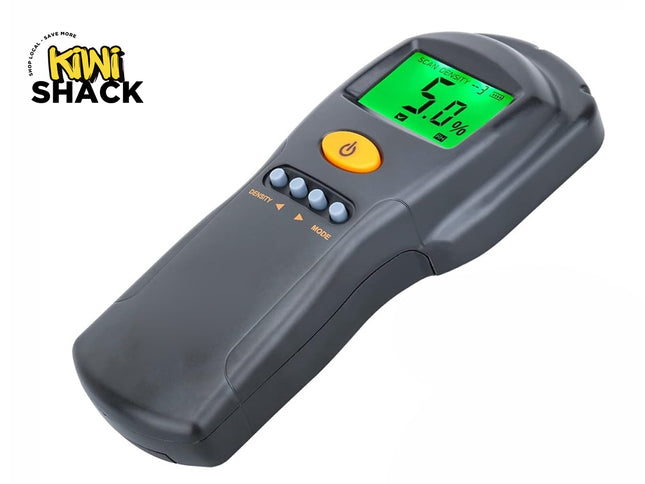 A digital handheld moisture meter with a green backlit display, yellow power button, and control buttons, featuring the "Kiwi Shack" logo in the top-left corner.
