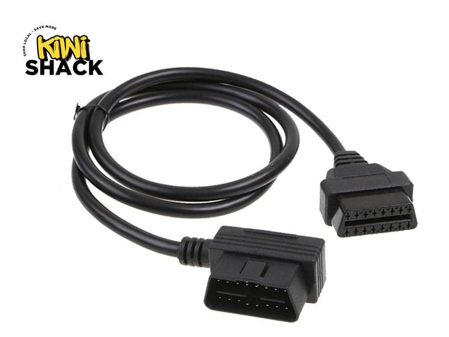 Black OBDII cable with connectors on a white background, branded with Kiwi Shack.