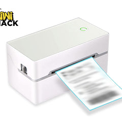 White portable printer with a sheet of paper on a white background, featuring the Kiwi Shack logo.