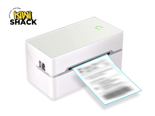 White portable printer with a sheet of paper on a white background, featuring the Kiwi Shack logo.