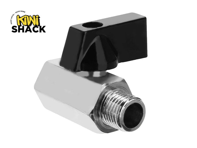 A chrome-plated mini ball valve with a threaded male fitting on one end and a black plastic butterfly handle on top, set against a white background. A "Kiwi Shack" logo appears in the top-left corner.