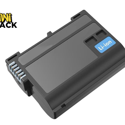 A black rechargeable lithium-ion battery pack with exposed electrical contacts and a blue label, featuring the "Kiwi Shack" logo in the top-left corner.