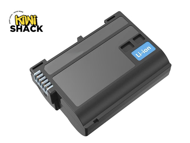 A black rechargeable lithium-ion battery pack with exposed electrical contacts and a blue label, featuring the "Kiwi Shack" logo in the top-left corner.