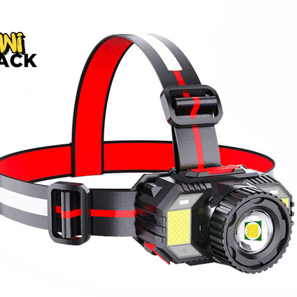 A black and red LED headlamp featuring an adjustable strap, a prominent central spotlight, and side floodlight panels, set against a plain white background with a "Kiwi Shack" logo in the top left corner.