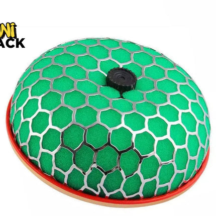 Kiwi Shack high-flow mushroom-style motorcycle and ATV air filter with bright green foam element and protective chrome mesh cage.