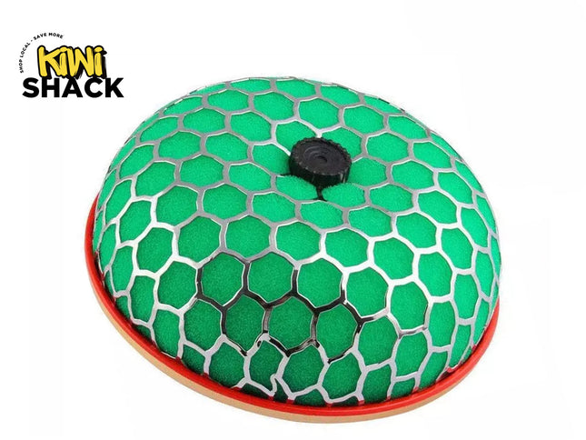 Kiwi Shack high-flow mushroom-style motorcycle and ATV air filter with bright green foam element and protective chrome mesh cage.