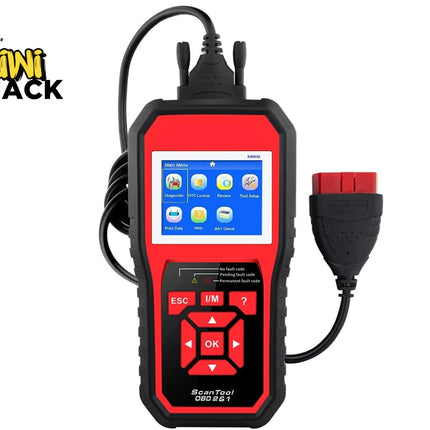 A red and black handheld OBD2 scan tool with a color display screen, navigation keypad, and diagnostic connector cable, featuring the "Kiwi Shack" logo in the top-left corner.