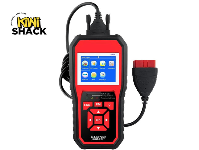 A red and black handheld OBD2 scan tool with a color display screen, navigation keypad, and diagnostic connector cable, featuring the "Kiwi Shack" logo in the top-left corner.