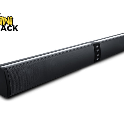Black soundbar with 'Kiwi Shack' logo on a white background