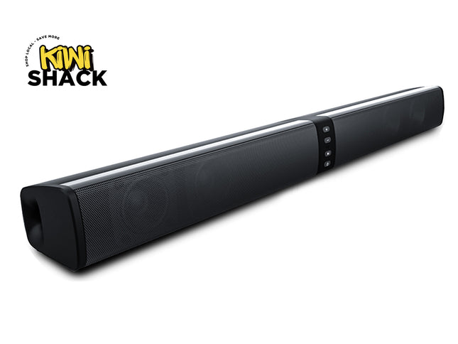 Black soundbar with 'Kiwi Shack' logo on a white background
