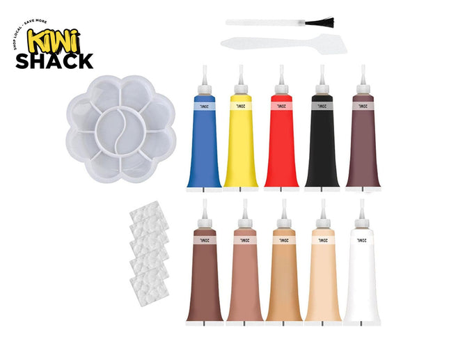 Kiwi Shack professional leather and vinyl recoloring repair kit with 10 pigment tubes, flower palette, and application tools.