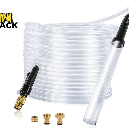 White spray hose with nozzle and connectors on a white background, branded 'Kiwi Shack'.