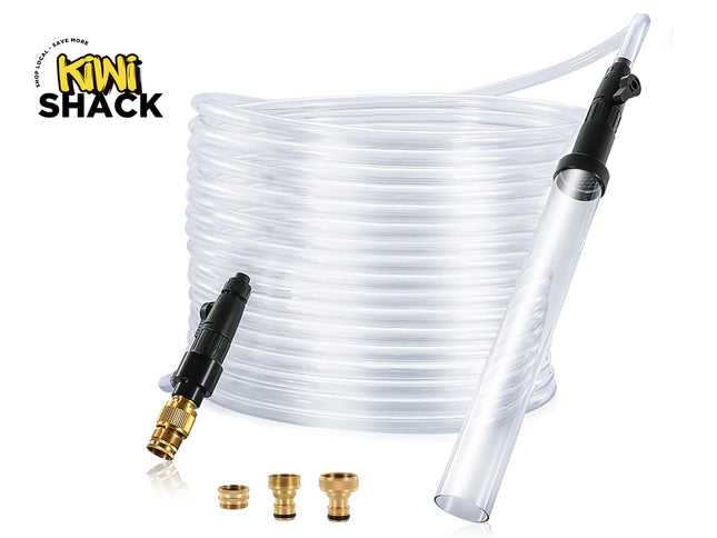 White spray hose with nozzle and connectors on a white background, branded 'Kiwi Shack'.