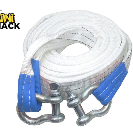 White and blue tow strap with metal hooks on a white background, branded with 'Kiwi Shack'.