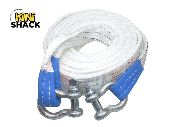 White and blue tow strap with metal hooks on a white background, branded with 'Kiwi Shack'.