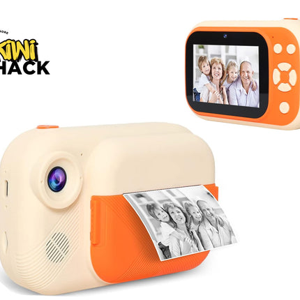 A compact Kiwi Shack instant camera in cream and orange, shown from the front with a photo print emerging from the slot, and a smaller rear view showing the screen and buttons. The Kiwi Shack logo is visible in the top left corner.