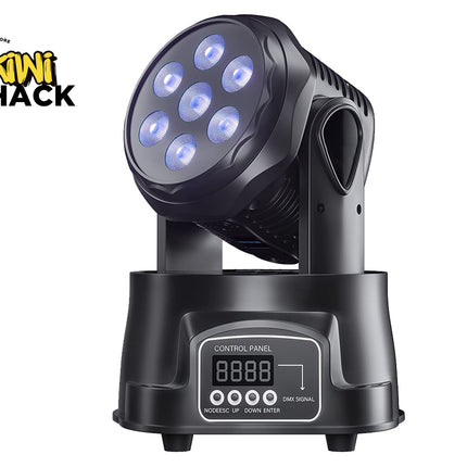 Black LED spotlight with control panel on a white background, featuring the Kiwi Shack logo.