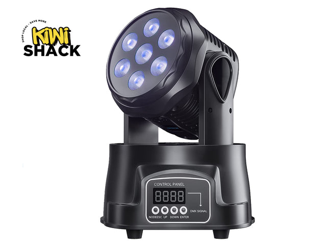 Black LED spotlight with control panel on a white background, featuring the Kiwi Shack logo.