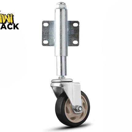 Kiwi Shack heavy-duty spring-loaded gate caster with shock-absorbing swivel wheel and universal mounting plate.
