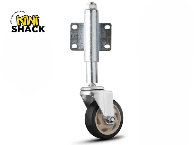 Kiwi Shack heavy-duty spring-loaded gate caster with shock-absorbing swivel wheel and universal mounting plate.