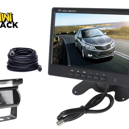 Car backup camera system with monitor and cable, featuring Kiwi Shack brand.