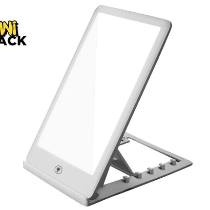 A white rectangular light therapy lamp with rounded corners, mounted on an adjustable gray stand with multiple angle slots, angled upward against a white background. A round power button with a lightbulb icon is centered at the bottom of the lamp face, and a "Kiwi Shack" logo appears in the top-left corner.