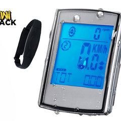 A digital wireless bicycle computer with a blue backlit LCD screen and a chest heart rate monitor strap, featuring the "Kiwi Shack" logo in the top-left corner.