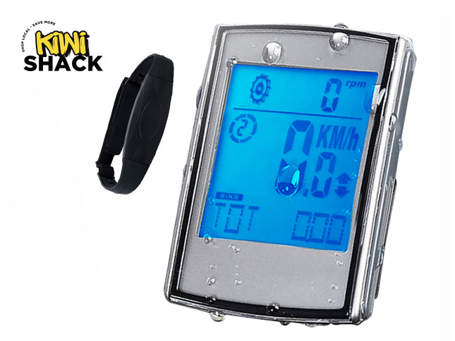 A digital wireless bicycle computer with a blue backlit LCD screen and a chest heart rate monitor strap, featuring the "Kiwi Shack" logo in the top-left corner.