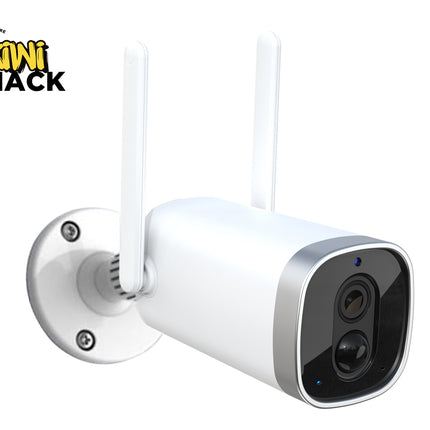 White security camera with antennas on a white background, branded 'Kiwi Shack'.