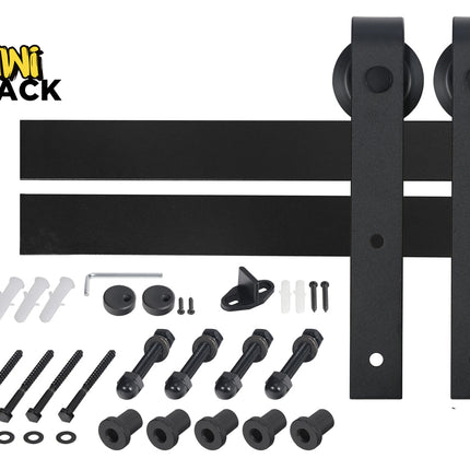 Barn door hardware set with black components and Kiwi Shack logo.