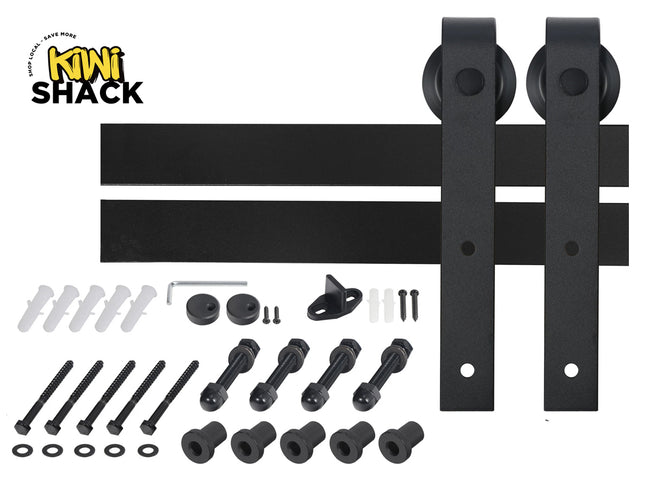 Barn door hardware set with black components and Kiwi Shack logo.