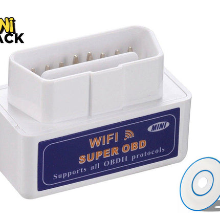 A white Mini WiFi Super OBDII diagnostic scanner tool with a blue label and a small setup disc, featuring the "Kiwi Shack" logo in the top-left corner.