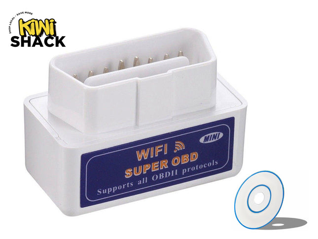 A white Mini WiFi Super OBDII diagnostic scanner tool with a blue label and a small setup disc, featuring the "Kiwi Shack" logo in the top-left corner.