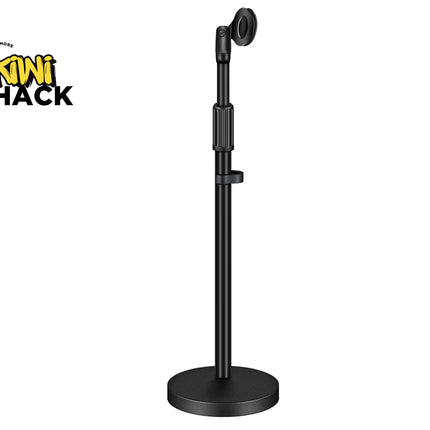 Black microphone stand on a white background with 'Kiwi Shack' logo.