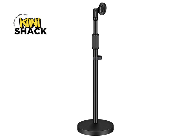 Black microphone stand on a white background with 'Kiwi Shack' logo.