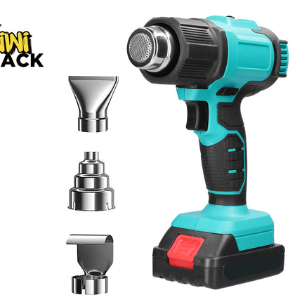 Turquoise cordless drill with attachments on a white background, featuring the Kiwi Shack brand.