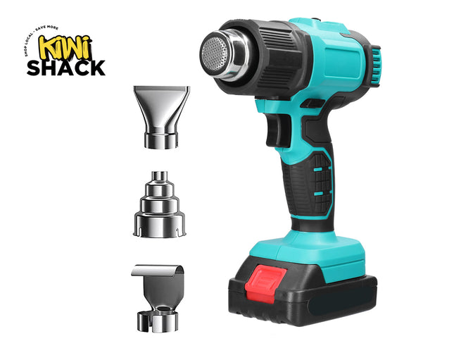 Turquoise cordless drill with attachments on a white background, featuring the Kiwi Shack brand.