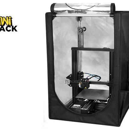3D printer inside a clear protective enclosure with 'Kiwi Shack' branding.
