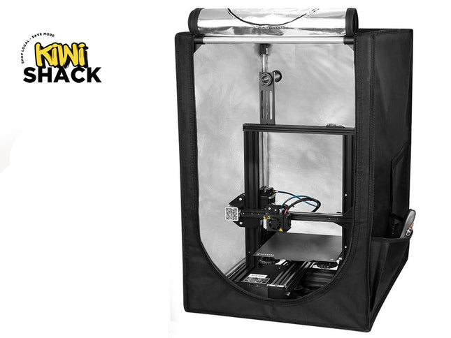3D printer inside a clear protective enclosure with 'Kiwi Shack' branding.