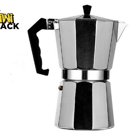 Stainless steel espresso pot on a white background with 'Kiwi Shack' logo.