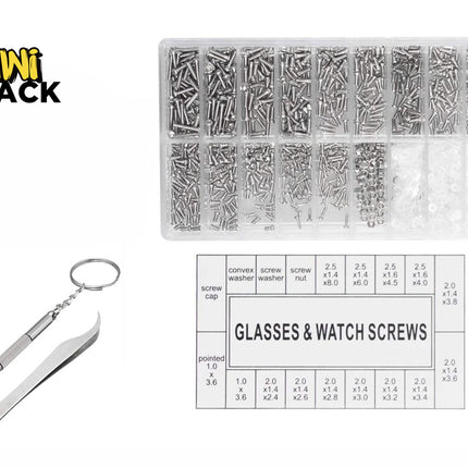 An assortment kit of small stainless steel screws, nuts, and washers for glasses and watches, including a miniature screwdriver and tweezers, featuring the "Kiwi Shack" logo in the top-left corner.