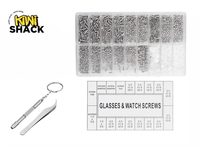 An assortment kit of small stainless steel screws, nuts, and washers for glasses and watches, including a miniature screwdriver and tweezers, featuring the "Kiwi Shack" logo in the top-left corner.