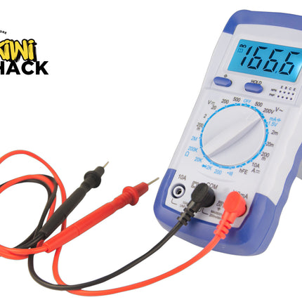 A Kiwi Shack digital multimeter with a blue and white casing, a digital LCD screen showing 16.6, and attached red and black test leads, shown on a white background with the Kiwi Shack logo in the top-left corner.