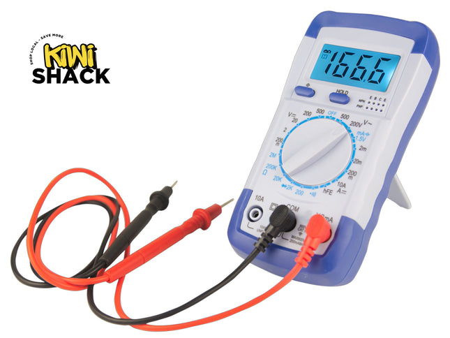 A Kiwi Shack digital multimeter with a blue and white casing, a digital LCD screen showing 16.6, and attached red and black test leads, shown on a white background with the Kiwi Shack logo in the top-left corner.