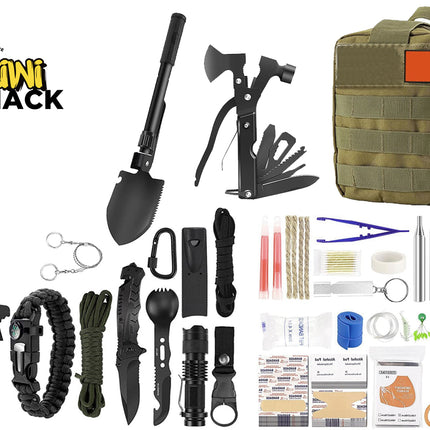A comprehensive survival and outdoor gear kit from Kiwi Shack, featuring a black tactical shovel, multi-tool, axe, paracord, knives, flashlight, first aid items, and a tan MOLLE utility backpack, all arranged on a white background with the Kiwi Shack logo.