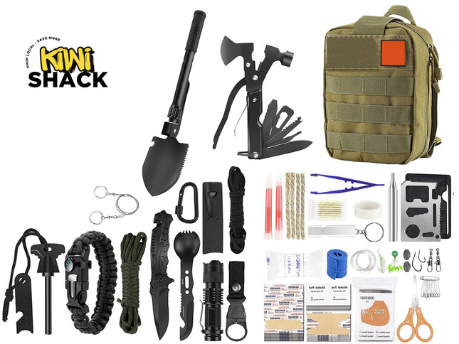 A comprehensive survival and outdoor gear kit from Kiwi Shack, featuring a black tactical shovel, multi-tool, axe, paracord, knives, flashlight, first aid items, and a tan MOLLE utility backpack, all arranged on a white background with the Kiwi Shack logo.