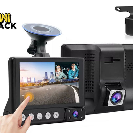Car dashboard camera system with screen, cameras, and Kiwi Shack logo.