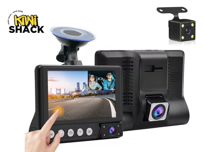 Car dashboard camera system with screen, cameras, and Kiwi Shack logo.