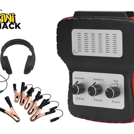 Electrode holder with headphones and clips on a white background, branded as Kiwi Shack.